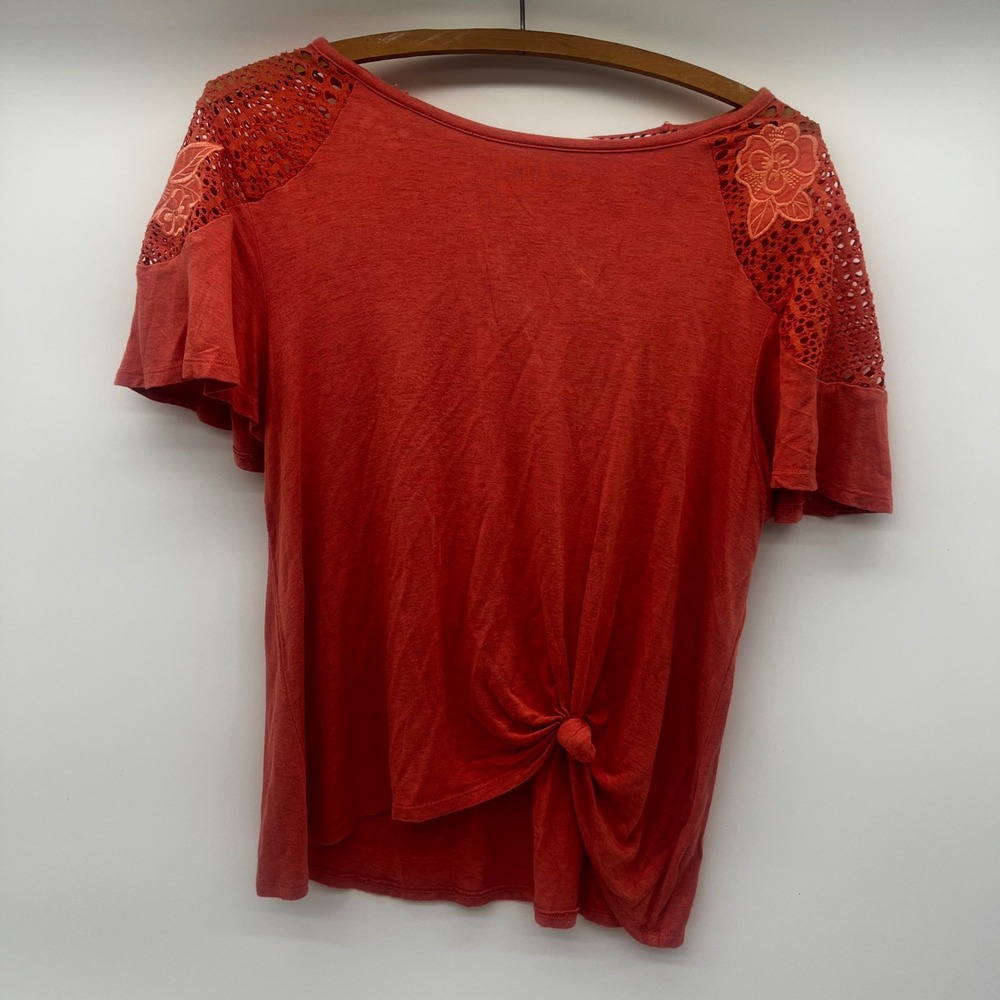 Rewind Womens Rust Orange Crochet‎ Lace Floral Shoulder Knot Front Top Medium